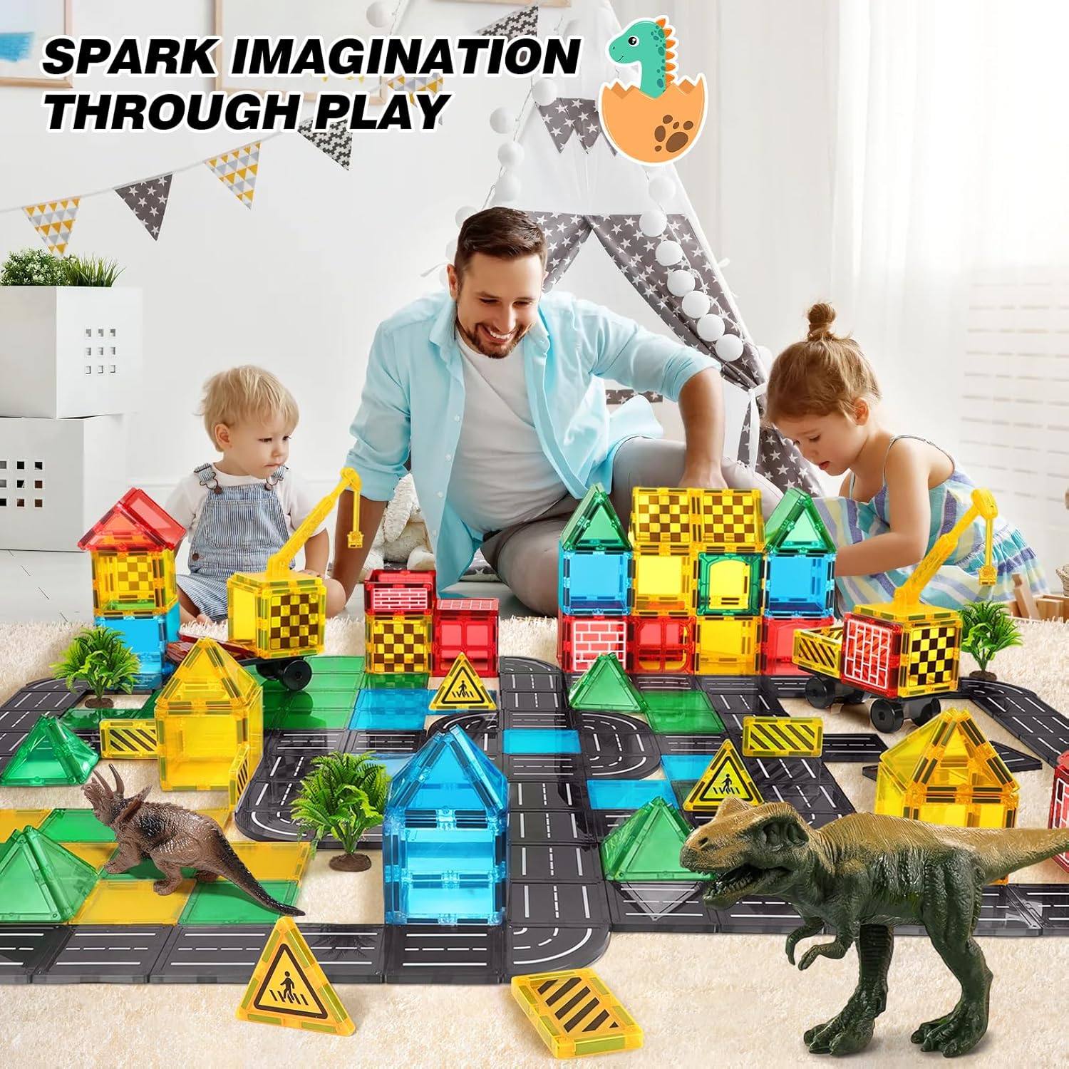 Drofex Magnetic Tiles Road Building Blocks - Magnet Crane Car Set for Kids Ages 3-5 4-8 5-7 Preschool City Construction Kids Games Dinosaur Toddler Toys for 3+ Year Old Boys Girls Christmas Birthday Gifts