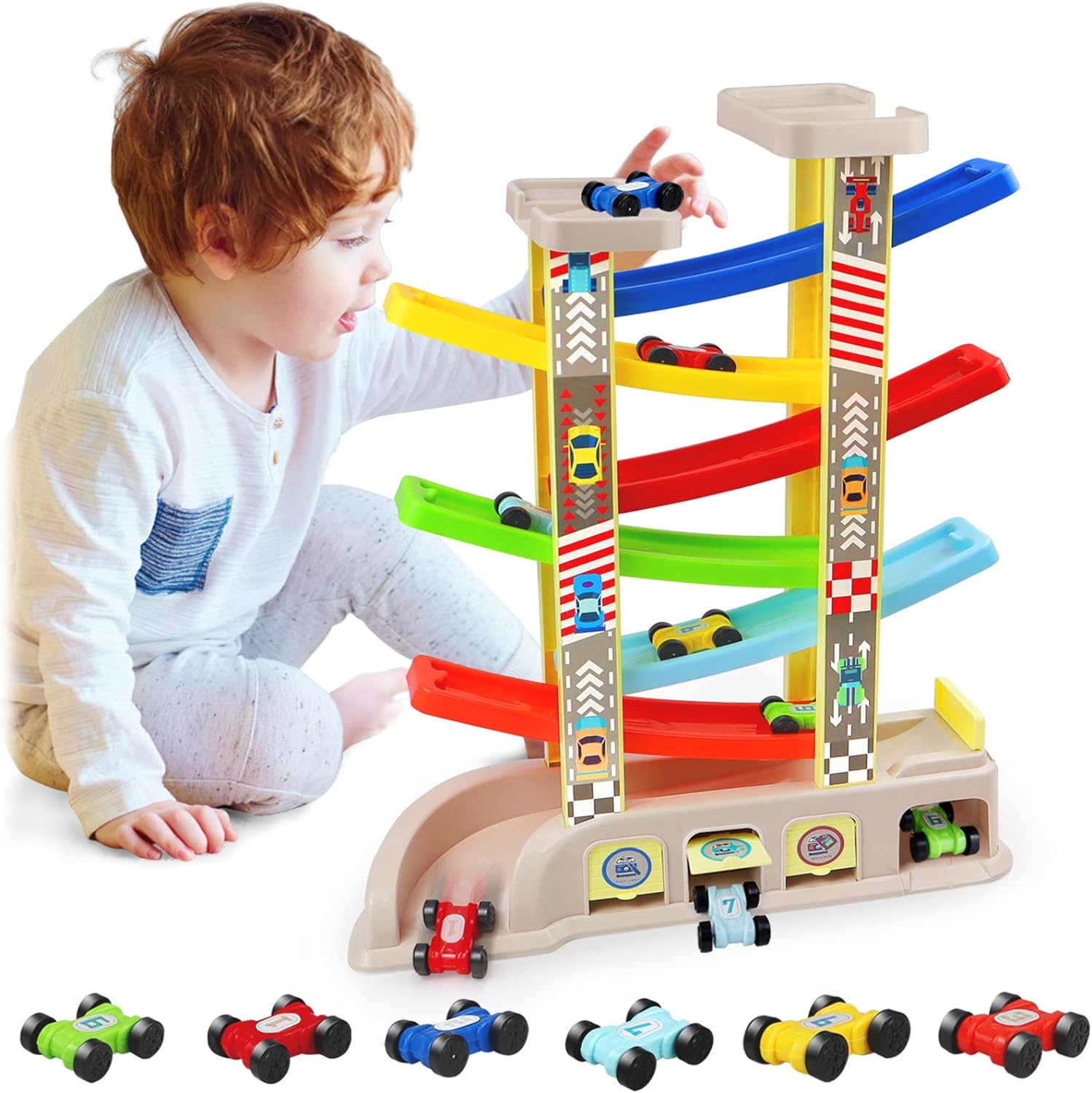 Drofex Montessori Toys for 2 3 Year Old Boys Toddlers, Car Ramp Toys with 6 Cars & Race Tracks, Garages and Parking Lots, Ramp Racer Toy Gift for Boys Girls Age 18 Months and Up, Multicolor