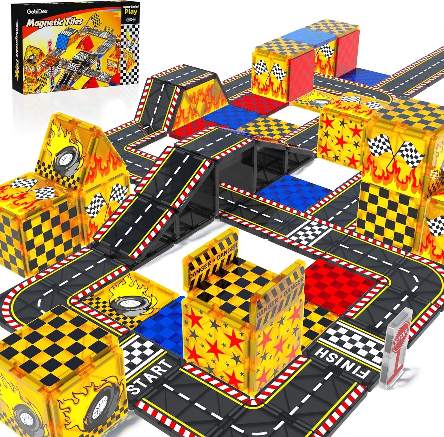 Drofex Magnetic Tiles Kids Construction Toys - Road Set with Magnet Crane for Boys Age 3-5 4-8 8-10, Magnet Building Blocks Expansion Pack Toy Car Track Train Set, Road, Dolls, Traffic Lights and Stations