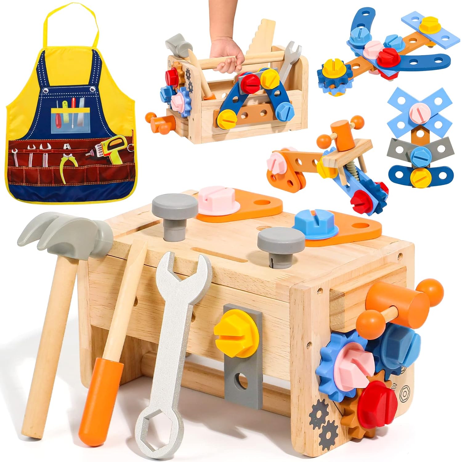 Drofex Kids Tool Set with Apron, Wooden Toddler Tool Bench Montessori Toys for 3 4 5 Year Old 39 PCS Educational STEM Construction Toys for Ages 3-4 Pretend Play Toddler Tool Birthday Gift for Boy Girl