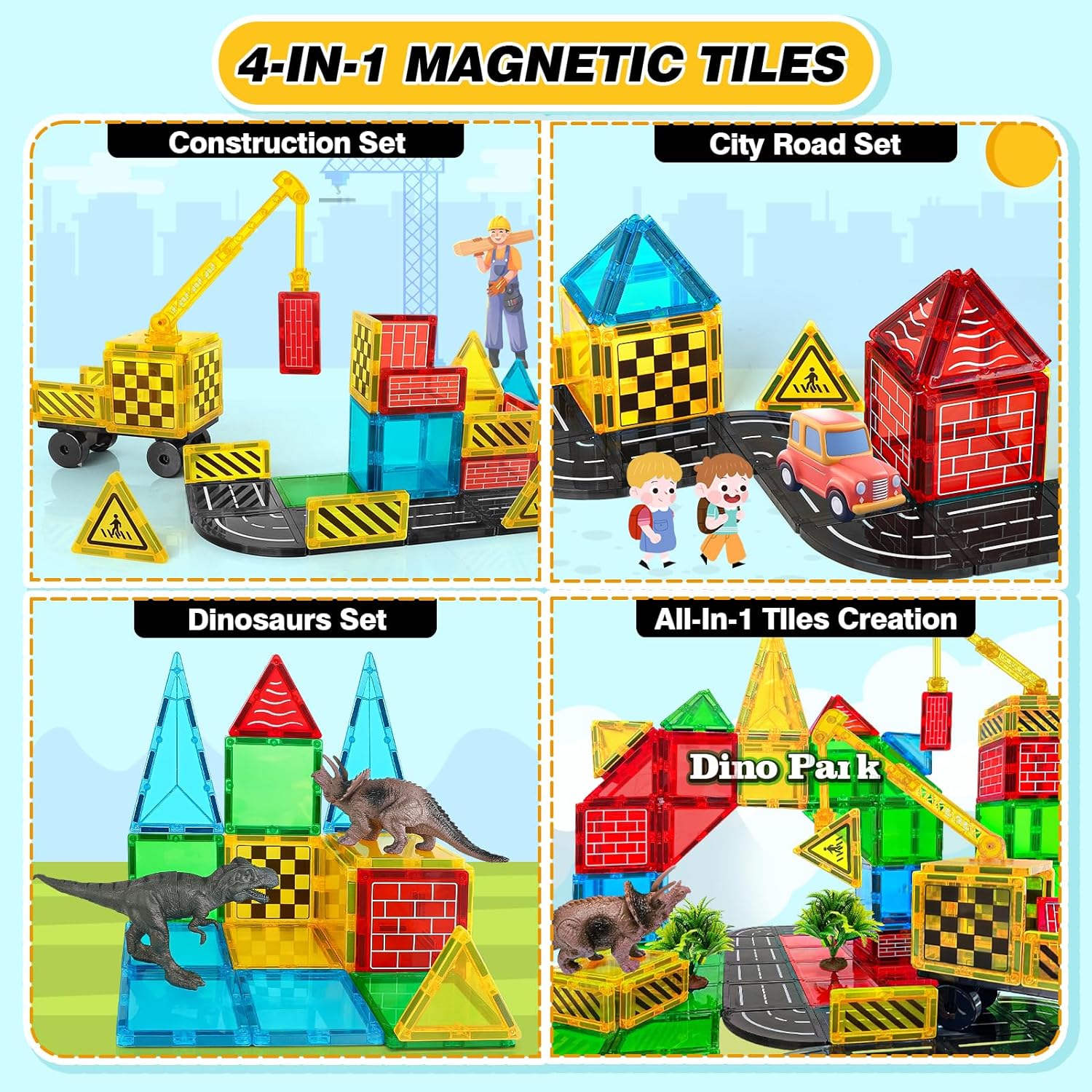 Drofex Magnetic Tiles Road Building Blocks - Magnet Crane Car Set for Kids Ages 3-5 4-8 5-7 Preschool City Construction Kids Games Dinosaur Toddler Toys for 3+ Year Old Boys Girls Christmas Birthday Gifts