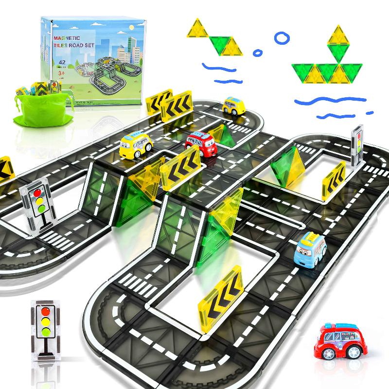 Drofex Magnetic Tiles (42pc)  - Base Road Toppers Magnetic Building Blocks City Construction Toys for 3+Year Old Boys Girls, Kids Toys Montessori Toys for Toddler, STEM Learning Gifts