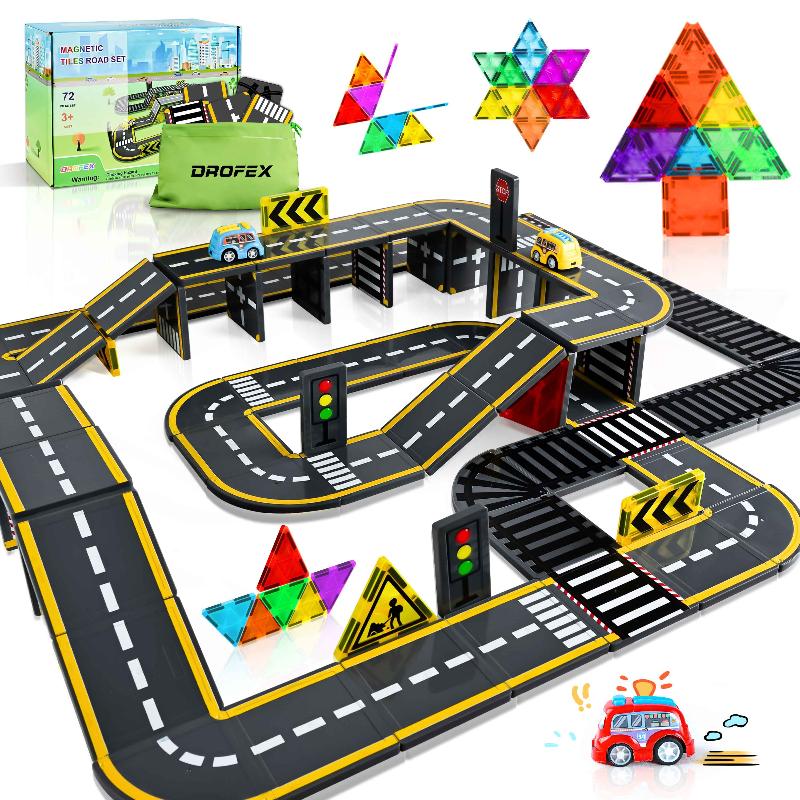 Drofex Magnetic Tiles（72pcs） - Road & Train Dual-Sided Expansion Pack &  Train Dual-Sided Expansion Pack, Magnetic Building Blocks Construction Toys for 3+Year Old Boys Girls, Kids Toys Montessori Toys for Toddler, STEM Learning Gifts