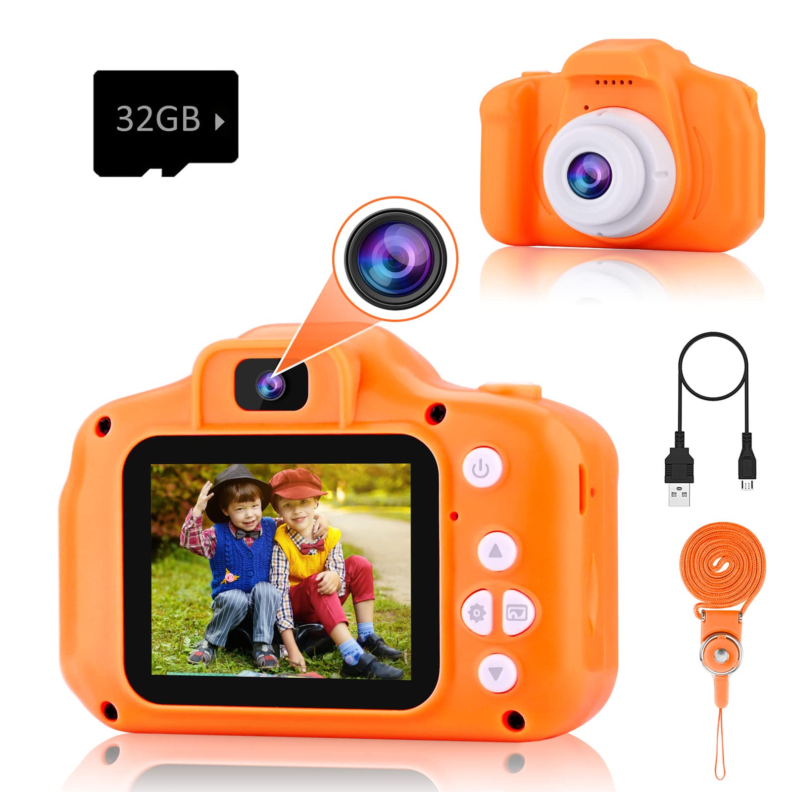 Drofex Kids Selfie Camera, Christmas Birthday Gifts for Boys Age 3-9, HD Digital Video Cameras for Toddler, Portable Toy for 3 4 5 6 7 8 Year Old Boy with 32GB SD Card-orange